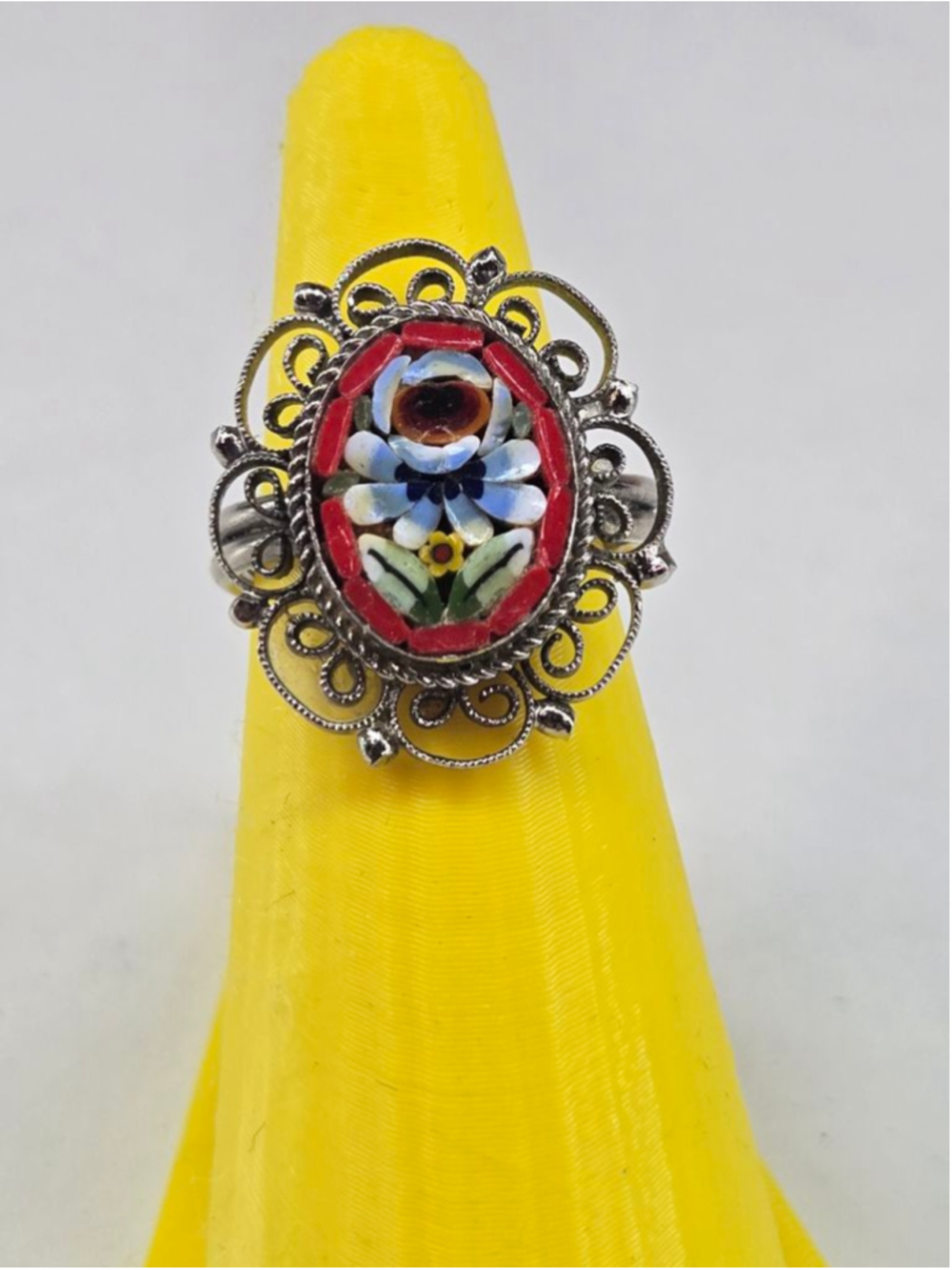 Micro Mosaic Ring Adjustable Ornate Silver Oval Frame Red Blue Floral Detailed